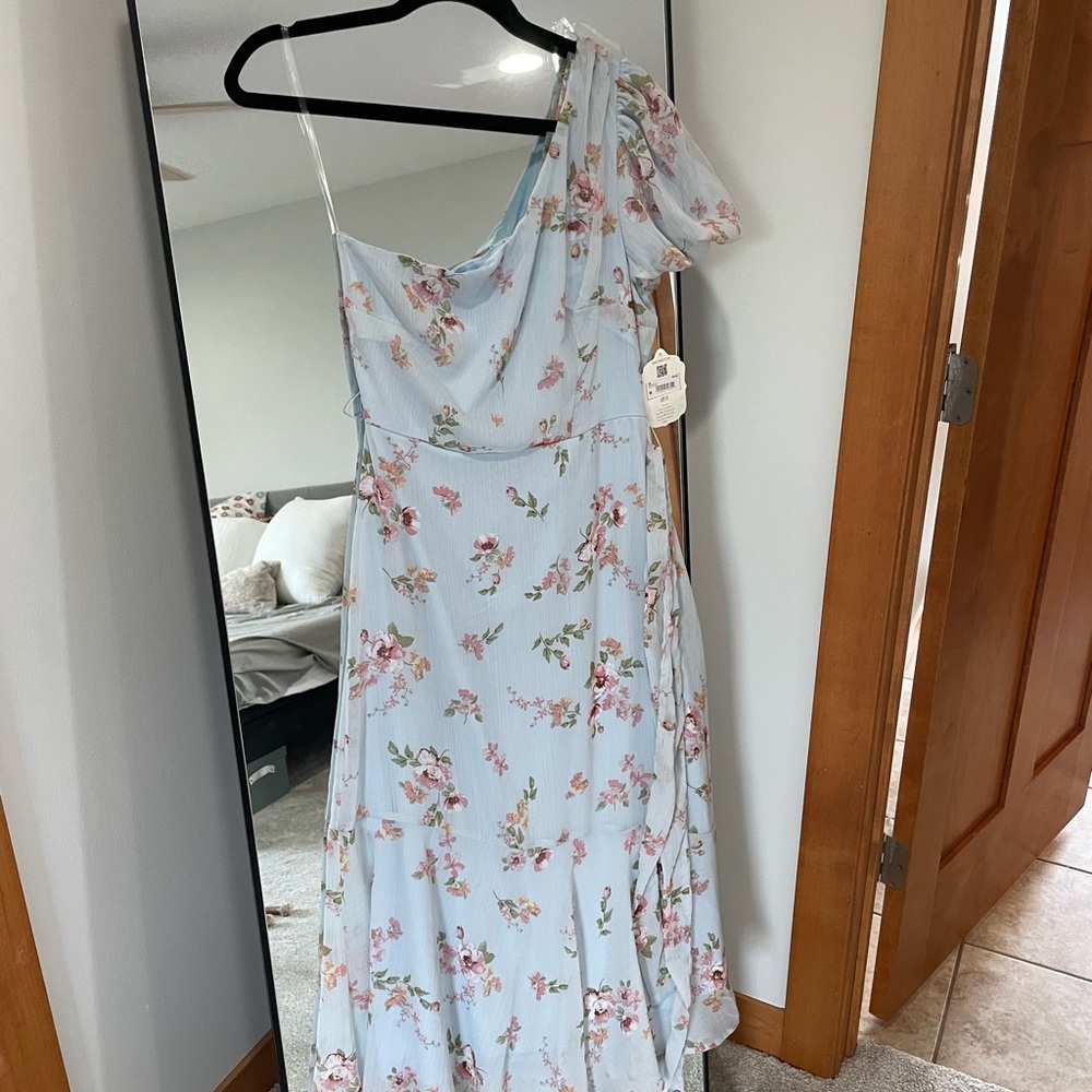 Blue Floral One Shoulder Dress